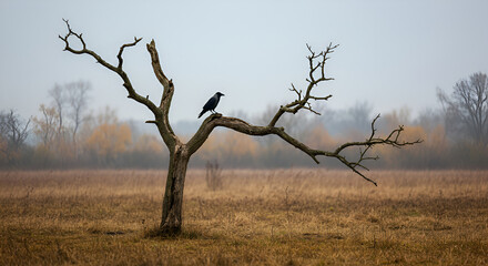 Silent Watcher A Lone Crow Resting on a Bare Tree in a Misty Landscape