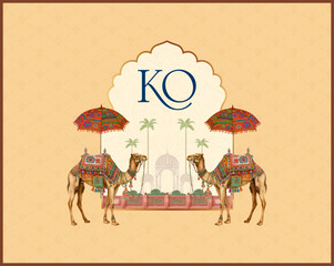 Luxury wedding logo featuring camels and a traditional backdrop
