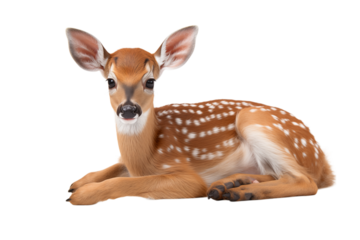 A fawn with white spots is lying down against a  looking ahead transparent background png