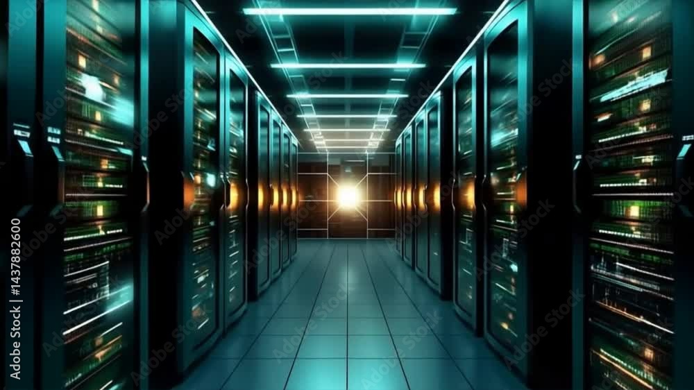 Poster futuristic data center with rows of servers illuminated by blue and warm lights, showcasing advanced