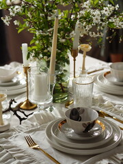 Beautiful aesthetic laid table. Decor. Dishes on the table. Spring bouquet