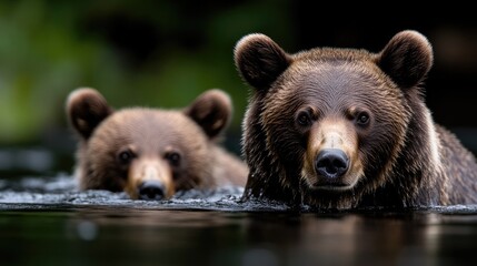 Fototapeta premium Two bears swimming in a river