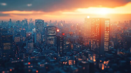 Fototapeta premium Sunset cityscape, futuristic city skyline at dusk with glowing buildings.