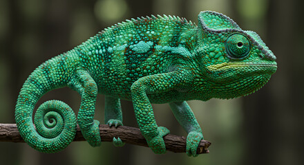 Fototapeta premium Vibrant Green Chameleon on Branch