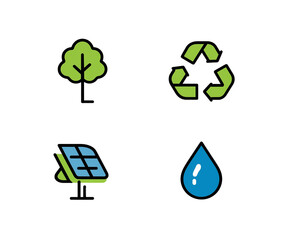 Minimalist colorful icons featuring tree, recycling symbol, solar panel, and water drop, ideal for eco-friendly and green living topics.
