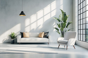 Blurred background of a bright and airy modern living room featuring natural light, cozy decor, and inviting seating arrangements, creating a peaceful and stylish atmosphere.