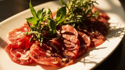 Close-up shot of sliced salami with fresh herbs on a plate, with appetizing details and soft lighting