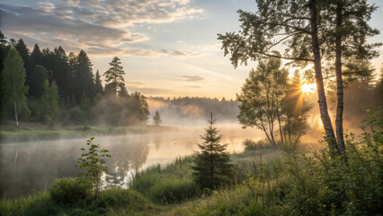 Obraz premium Misty Summer Morning Over Serene Lake and Lush Trees 