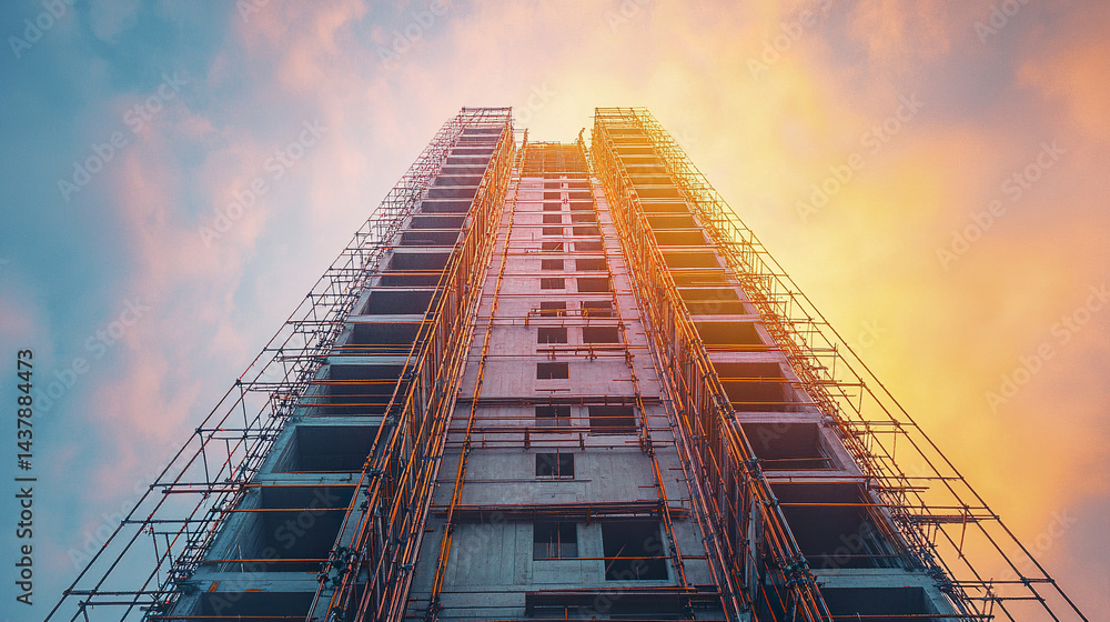 Poster high rise construction site with scaffolding and exposed structure under colorful sky