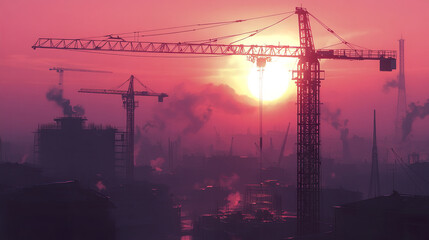 Naklejka premium High crane above early morning construction site with beautiful sunrise