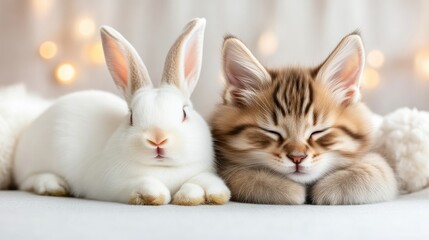 Two adorable pets, a rabbit and a kitten, sleeping peacefully
