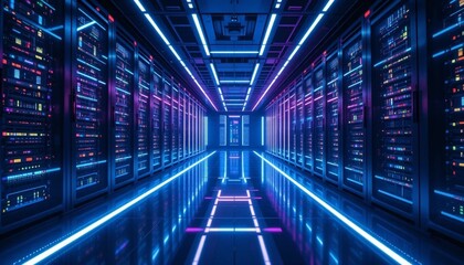 Obraz premium Futuristic Data Stream in Server Room with Neon Light Trails and Digital Technology.