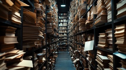 Obraz premium Archive storage with rows of metal shelving overflowing with documents and books.
