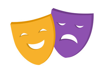 Comedy and Tragedy Masks, Comic and Tragic Vector Icon for Theater or Carnival, Masquerade Mask