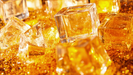 Close-up shot of ice cubes in a golden liquid, glistening and cool. The texture and light create an inviting visual 
