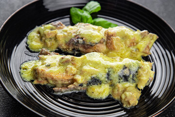 Mackerel mustard sauce canned food fish fillet seafood natural food dish organic product fresh tasty gourmet food background on the table rustic food top view copy space keto paleo pescetarian diet