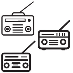 Simple black and white illustration of classic radios with antennas ideal for music broadcast communication vintage technology media and retro themed designs with a minimal style