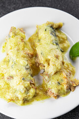 Mackerel mustard sauce canned food fish fillet seafood natural food dish organic product fresh tasty gourmet food background on the table rustic food top view copy space keto paleo pescetarian diet