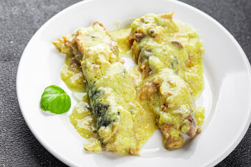 Mackerel mustard sauce canned food fish fillet seafood natural food dish organic product fresh tasty gourmet food background on the table rustic food top view copy space keto paleo pescetarian diet