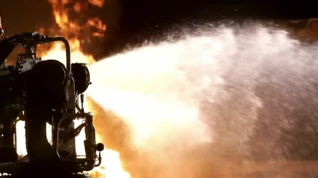 Water spray extinguishes flames during firefighting training exercise
