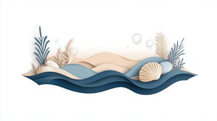 Fototapeta premium Layered Ocean Waves with Seashells and Marine Plants in Soft Colors for Nautical Art and Design Use