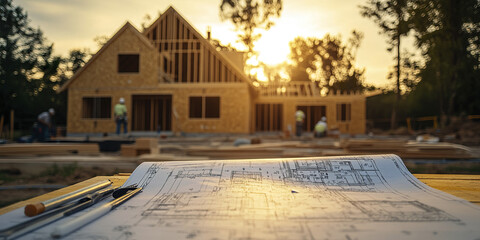 Building project with blueprints and construction site sunset, showcasing teamwork and progress
