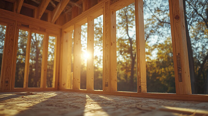 house under construction with wooden studs and joists, illuminated by sunlight