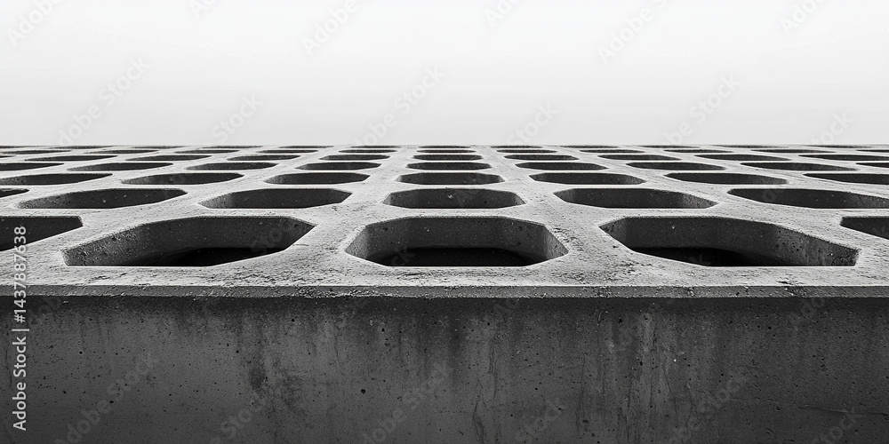 Poster unique perspective of concrete surface with hexagonal patterns, showcasing industrial design