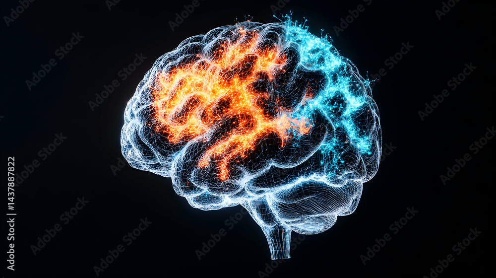 Aufkleber depiction of a glowing brain showcasing neural activity. ideal for medical presentations educational