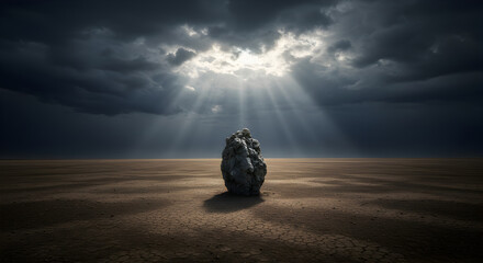 Solitary Rock Under Majestic Sky With Crepuscular Rays In Arid Landscape