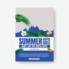 Editable summer sale print flyer or poster template. promotional a4 advertising for summer tropical background, summer beach party invitation leaflet, brochure cover design, summer Holiday  poster