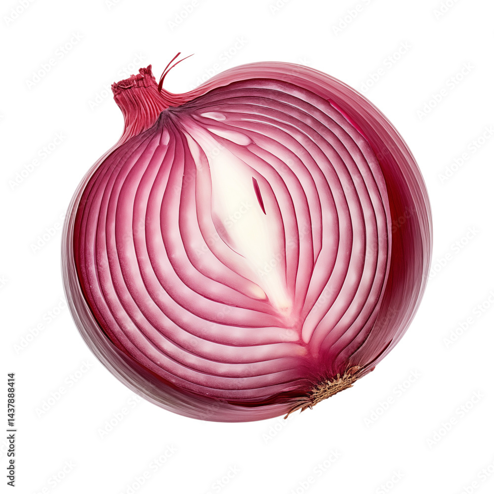 Poster a close up view of a sliced red onion with visible layers on a transparent background png
