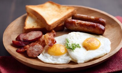 Classic Western Breakfast, Fried eggs, bacon, sausage with toast, Generative AI