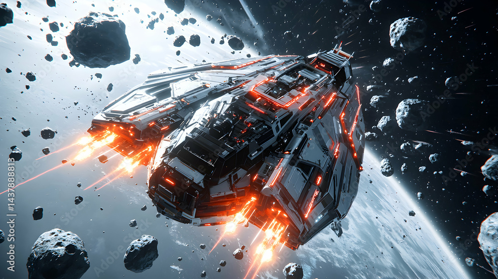 Poster a futuristic spaceship navigates an asteroid field near a planet creating a beautiful space scene. p