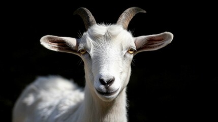 Fototapeta premium Close-Up Portrait of a White Goat Against a Black Background