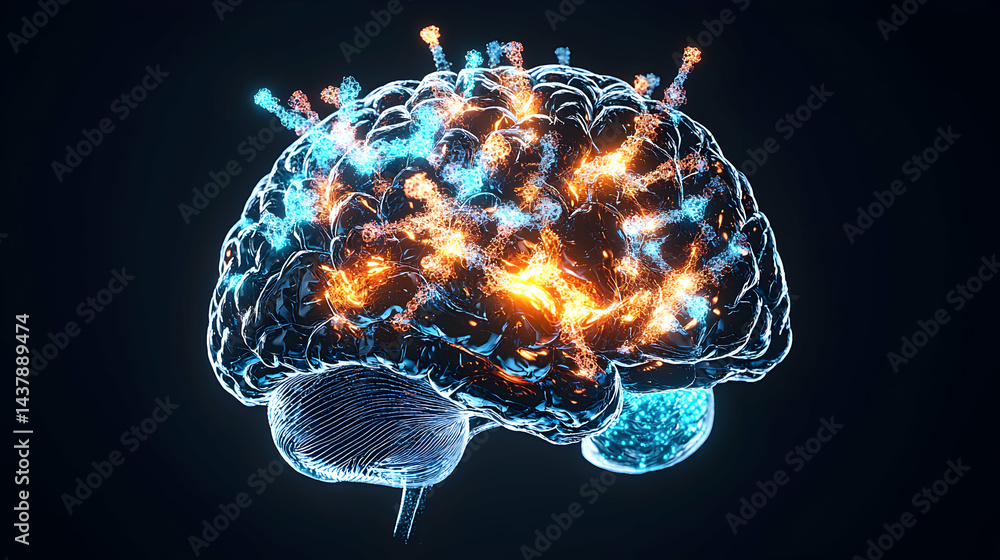 Aufkleber brain illustration showing neural activity and potential medical applications. suggests cognitive fu