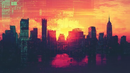 Obraz premium Sunset cityscape, glitch art effect