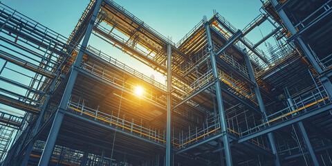 Fototapeta premium modern industrial construction site showcasing steel framework with sunlight streaming through
