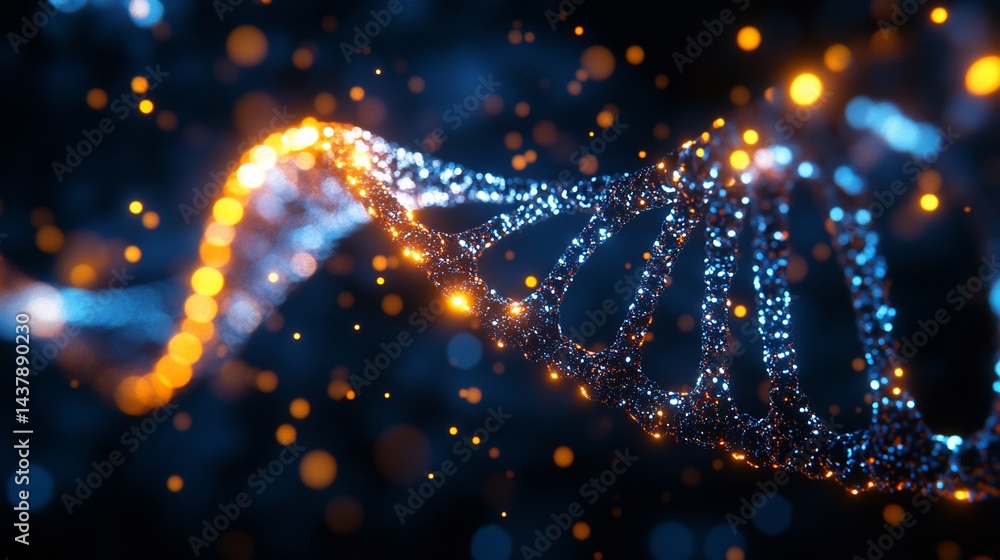 Poster abstract dna strand visualization with glowing particles and depth of field