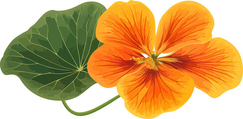 Obraz premium illustration of vibrant orange nasturtium flower with green leaves