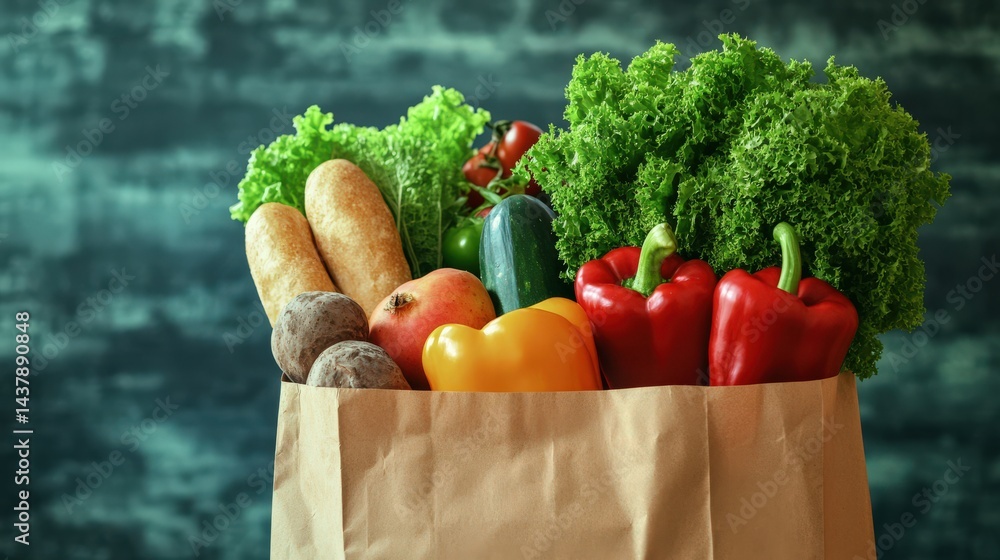 Poster fresh vegetables and fruits in a paper bag on a textured background with a vibrant display