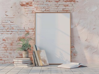 Minimalist light pink brick wall with leaning white poster frame, styled with books and plants on clean background