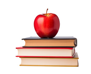 A red apple resting atop a stack of three books against a  transparent background png