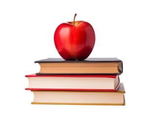 A red apple resting atop a stack of three books against a  transparent background png