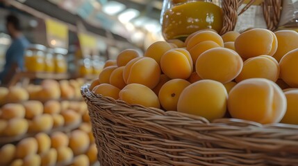 Fresh Organic Ripe Apricots in Wicker Basket at a Market Stall