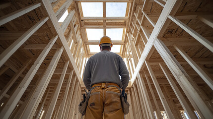 Construction worker observing wooden framework of house construction, feeling accomplished