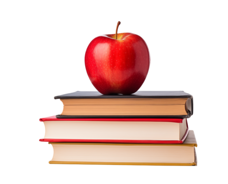 A red apple resting atop a stack of three books against a  transparent background png - Powered by Adobe