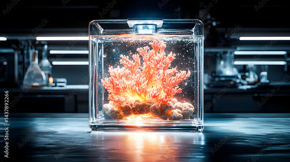 Poster a vibrant coral reef ecosystem encased in a clear cube in a laboratory setting. it could be a scient