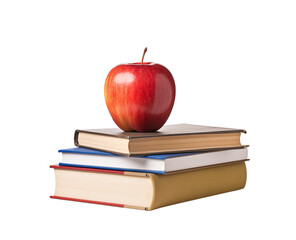 A red apple is placed on top of a stack of books against a  transparent background png