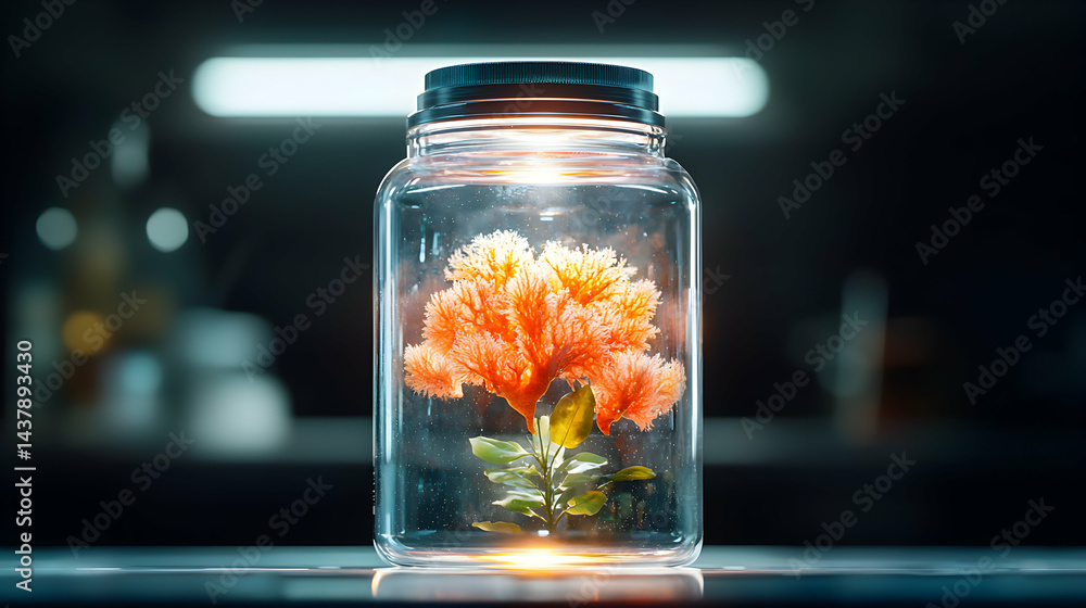 Poster a vibrant tree-like structure encased in a glass jar. suggests a futuristic science experiment or a 